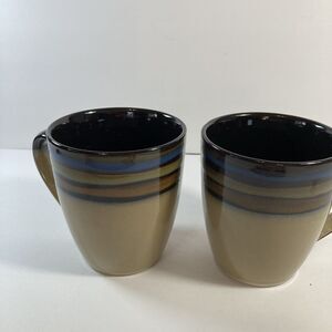 Pfaltzgraff Galaxy Red Stoneware Set of 2 Coffee Mugs Cups Blue Gold Red Striped
